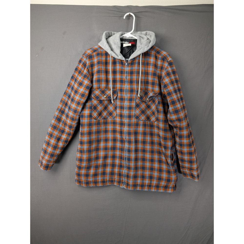 Wrangler Rugged Wear Mens Plaid Quilted Lined Flannel Jacket‎ Hooded Orange Blue